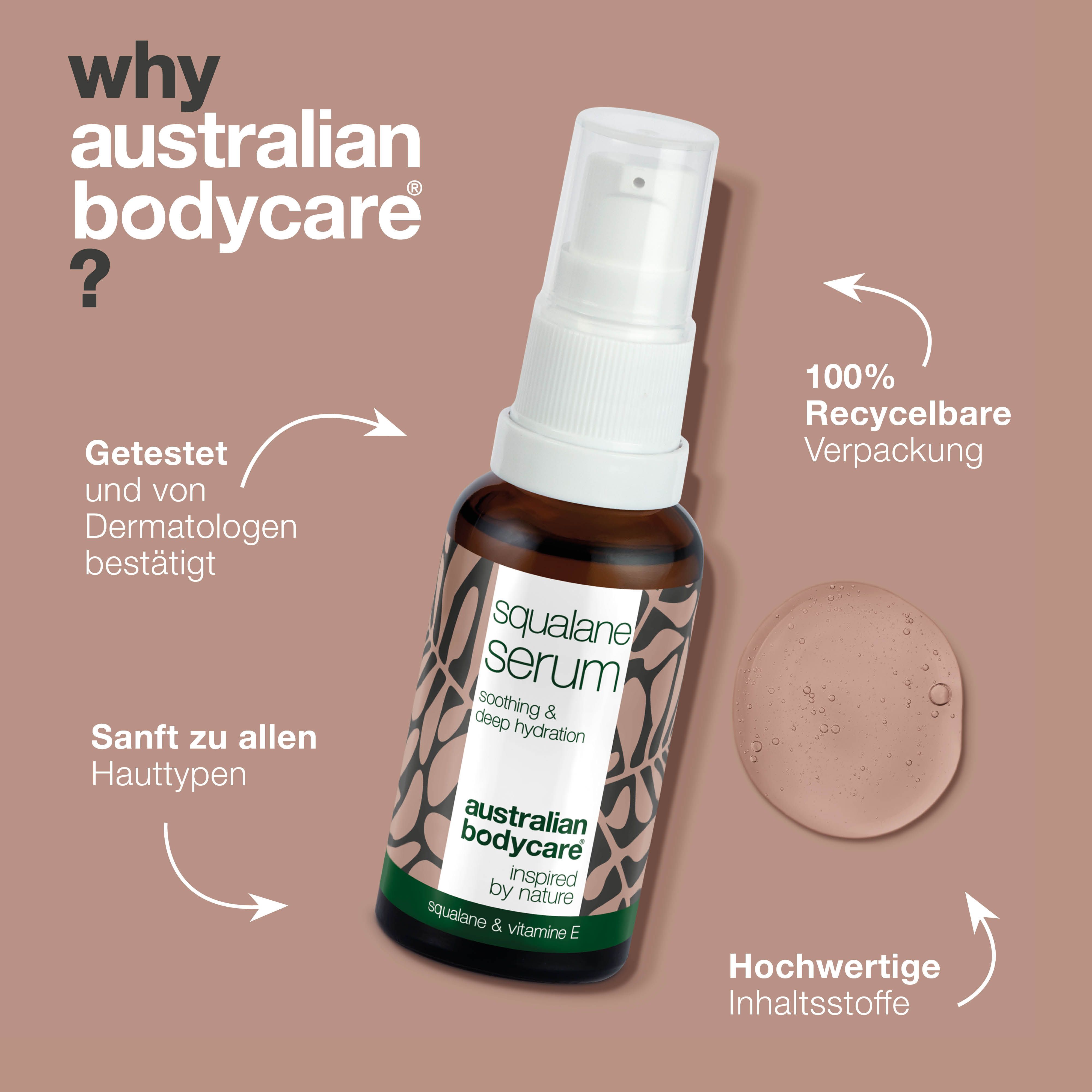 Serumflasche. Text: Getestet von Dermatologen, sanft zu allen Hauttypen, 100% recycelbare Verpackung. Australian Bodycare.