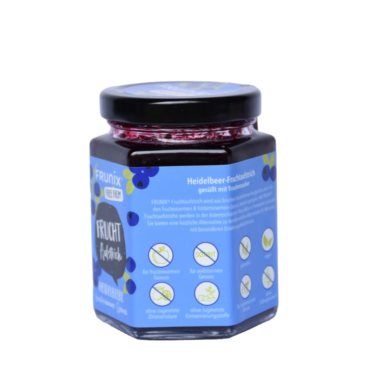 Glas mit Heidelbeer-Fruchtaufstrich. Blaues Etikett mit Produktnamen und Logos. Deckel schwarz. Aufschrift: FRUNIX, Fruchtaufstrich, Heidelbeere.