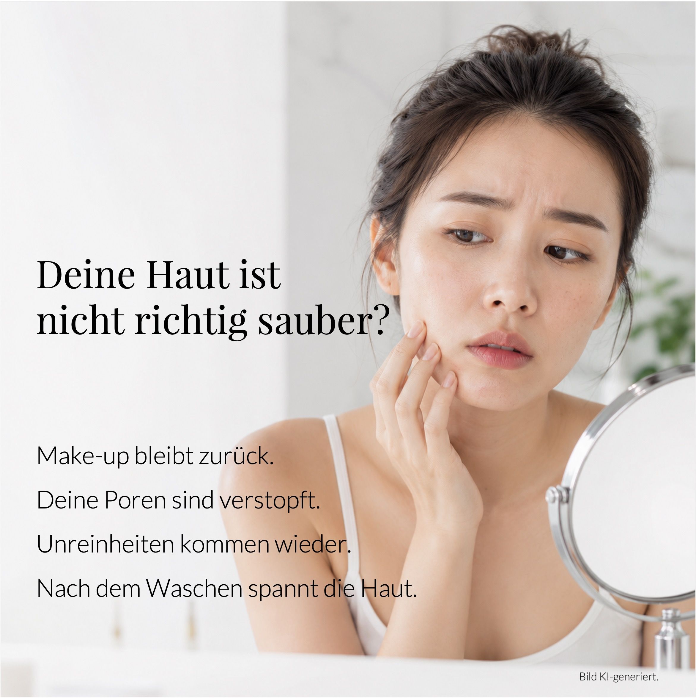 Frau mit unreiner Haut blickt besorgt in einen Spiegel.