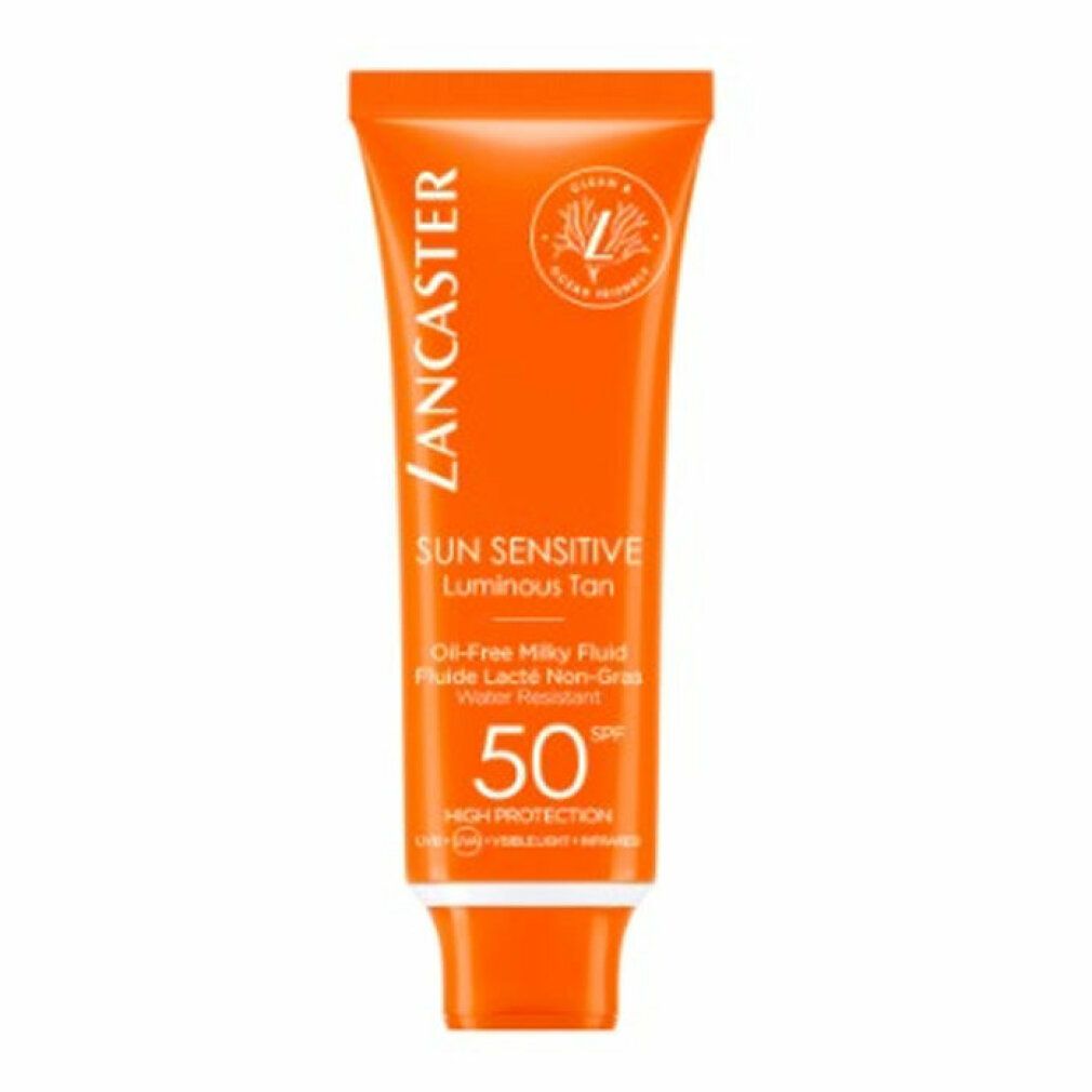 Orange Tube mit Sonnencreme. Text: Lancaster, Sun Sensitive, Luminous Tan, SPF 50, High Protection.