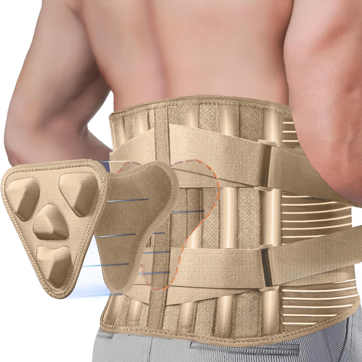 Beige Rückenstützgürtel, mit Klettverschlüssen und Stützelementen. Trägt ein Mann.