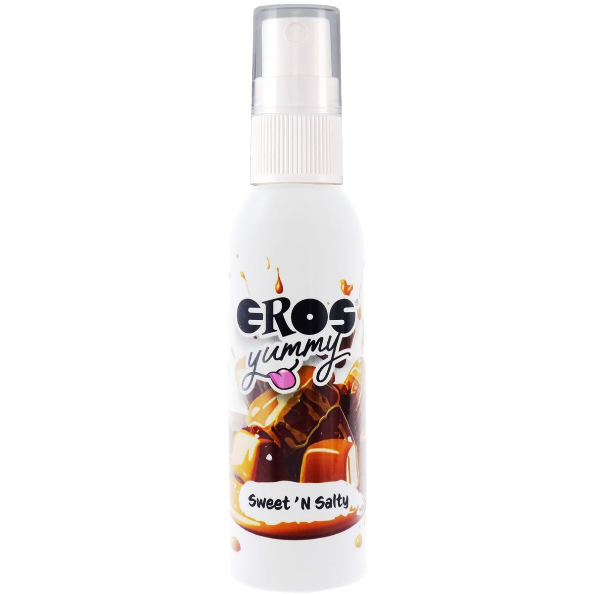 Weiße Flasche mit Sprühkopf. Aufschrift: EROS yummy Sweet 'N Salty. Abbildung von Karamell und Schokolade.