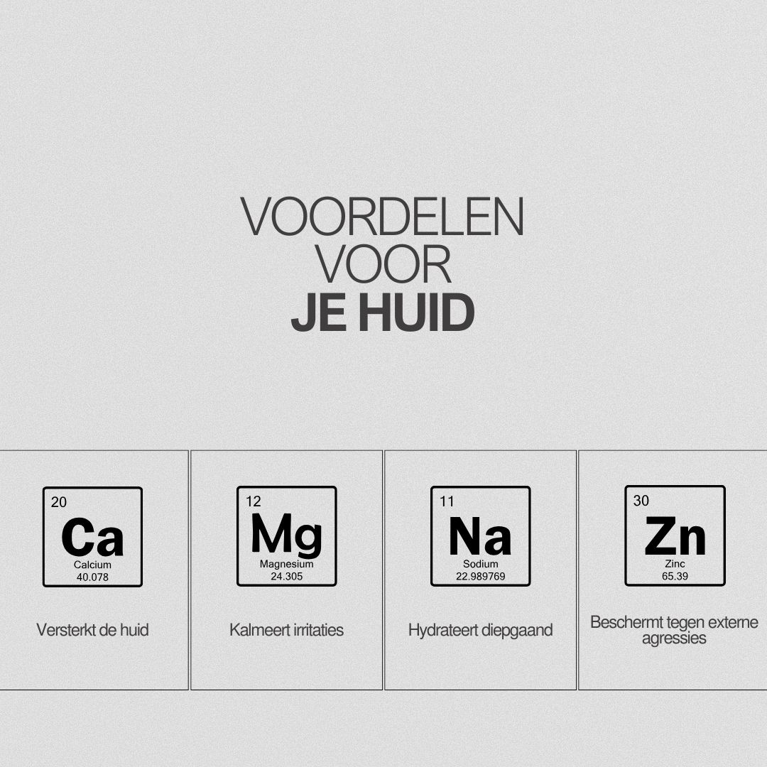 Tekst: Voordelen voor je huid. Vier vierkanten met elementen: Calcium, Magnesium, Natrium, Zink.