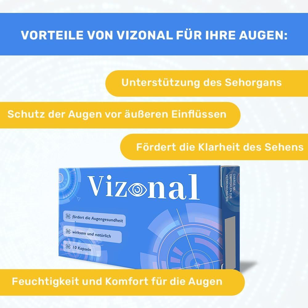 Schachtel "Vizonal" mit Text: "Vorteile für Ihre Augen". Gelbe Textfelder.