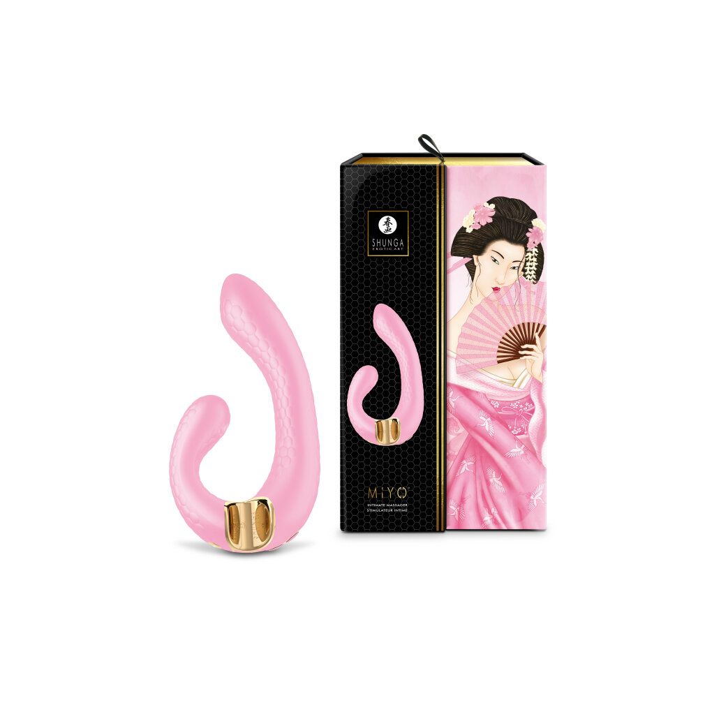 Rosa Massagegerät mit goldfarbenem Akzent, neben einer Verpackung mit Geisha-Illustration.