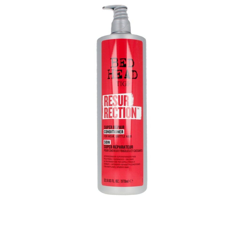 Graue Flasche mit rotem Etikett. Bed Head Tigi Resurrection Conditioner. Mit Pumpe. Text auf Englisch und Französisch.