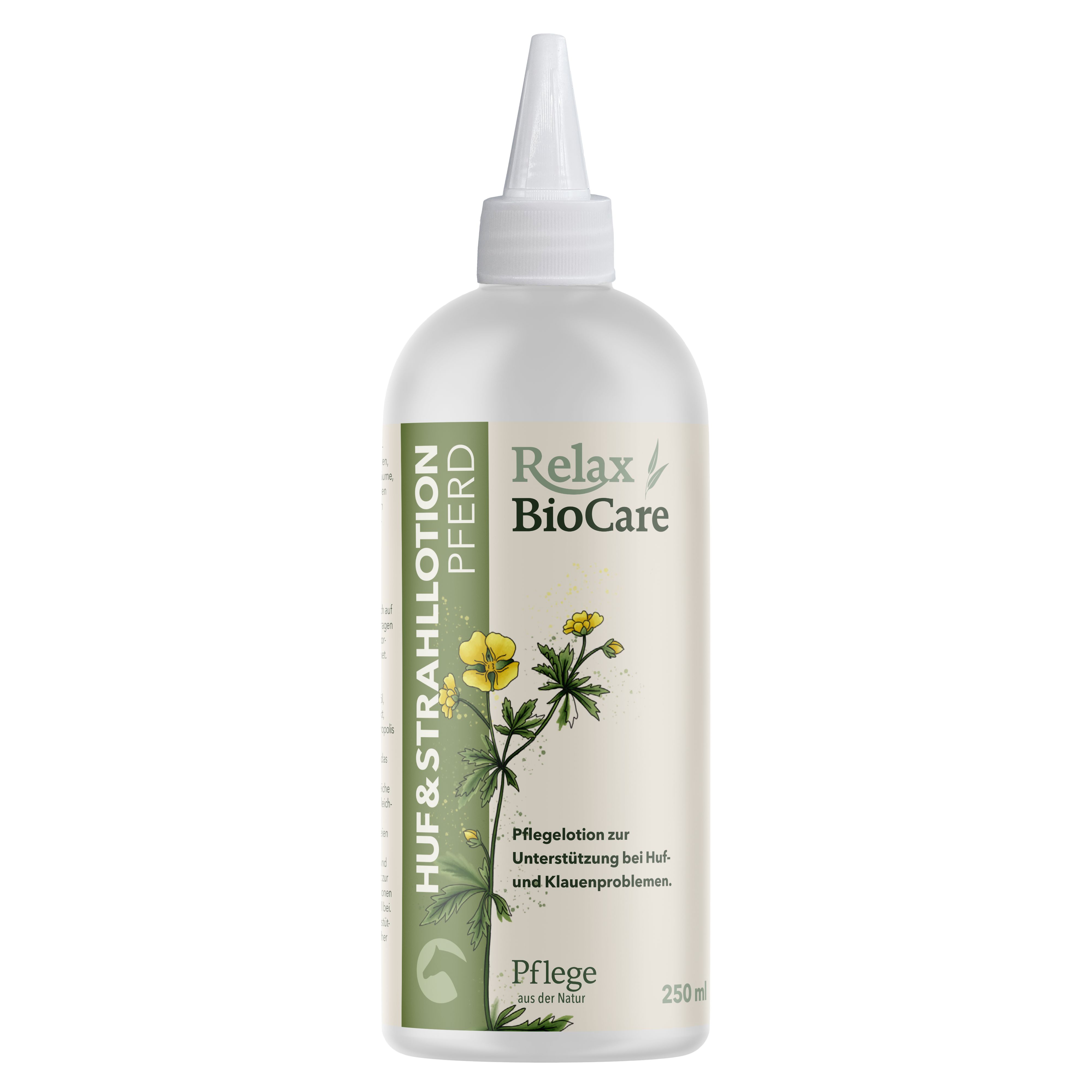 Weiße Flasche mit spitzem Applikator. Aufschrift: Relax BioCare, Huf & Strahllotion Pferd. Etikett mit Pflanzenabbildung.