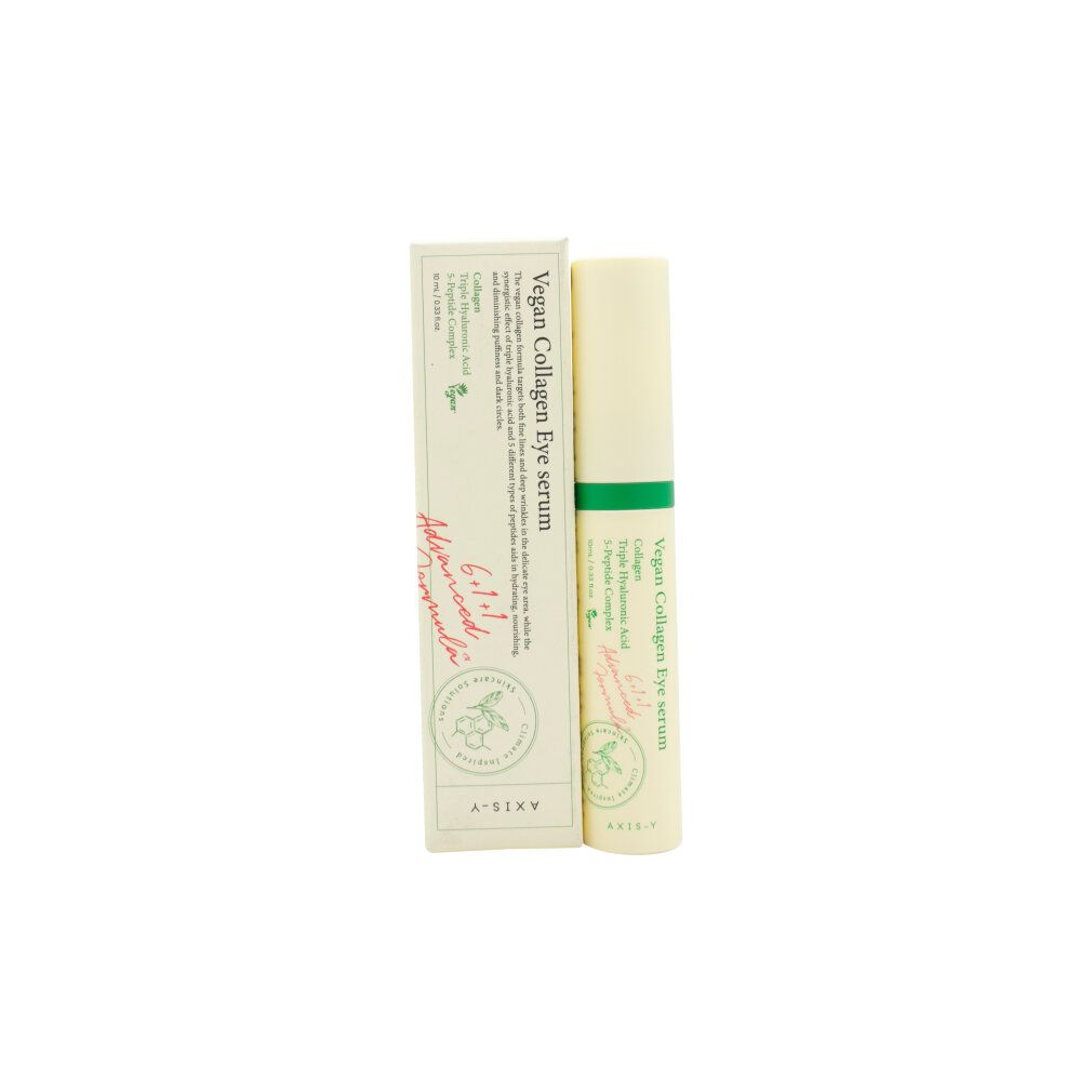 Augenserum-Verpackung und Tube. Grün-beige Verpackung. Text: Vegan Collagen Eye serum.