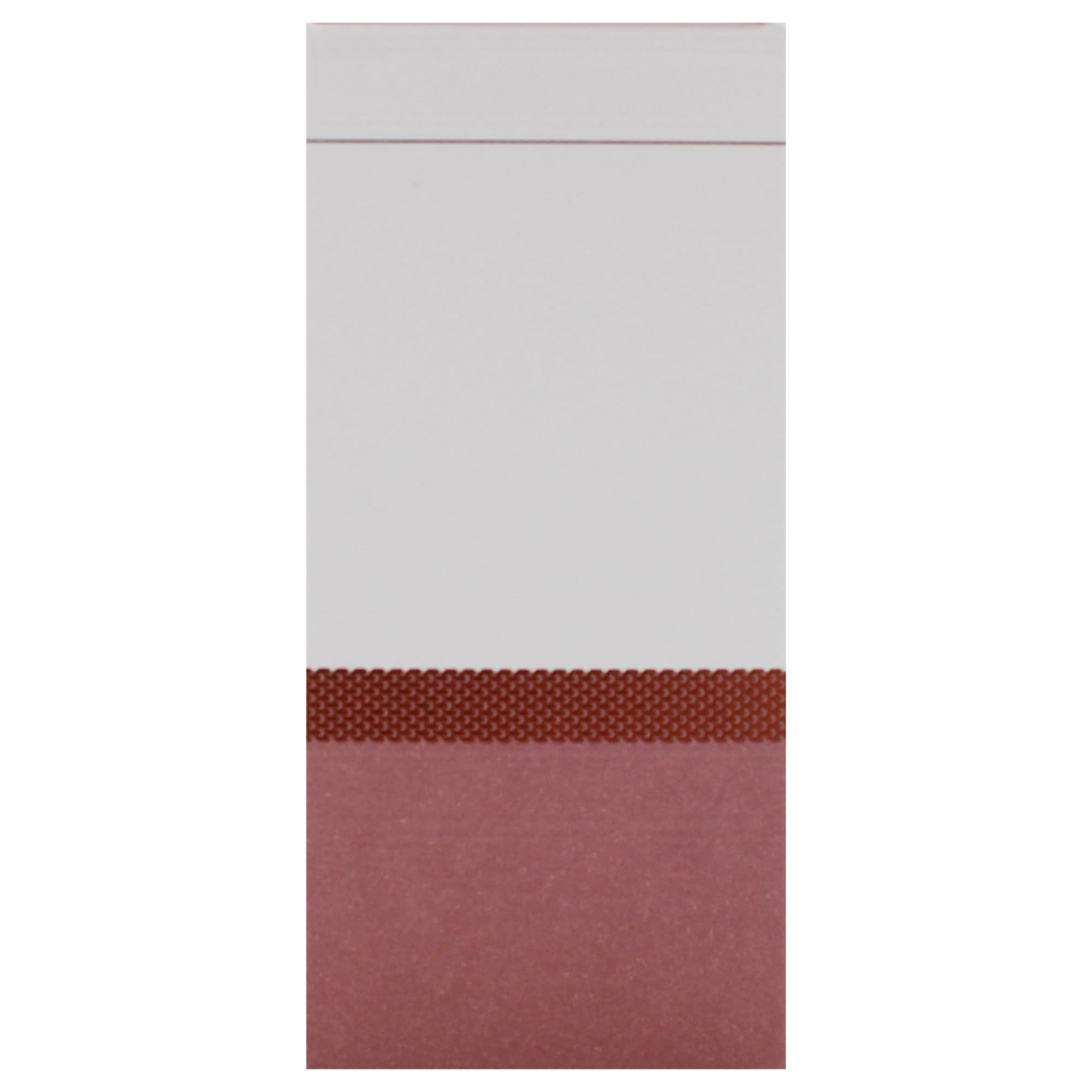 Verpackung mit weißem Oberteil, braunem Band und rosa Unterteil. Keine Logos oder Text sichtbar.