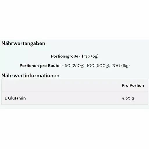 Nährwertangaben-Tabelle mit Informationen zu L-Glutamin. Pro Portion: 4,35 g.