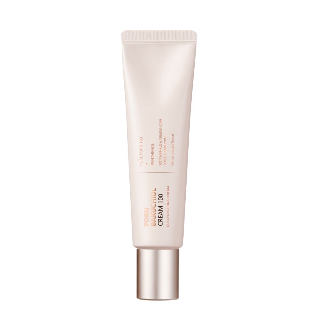 Creme-Tube, hellbraun. Aufschrift: PDRN BAKUCHIOL CREAM 100, Pure Form 100, Panthenol, Anti-Wrinkle & Elastic Care, für alle Hauttypen.