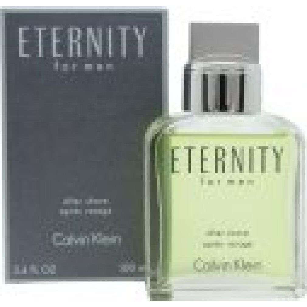 Aftershave-Flakon und Schachtel. Aufschrift: Eternity for men, Calvin Klein. Flakon mit grüner Flüssigkeit.