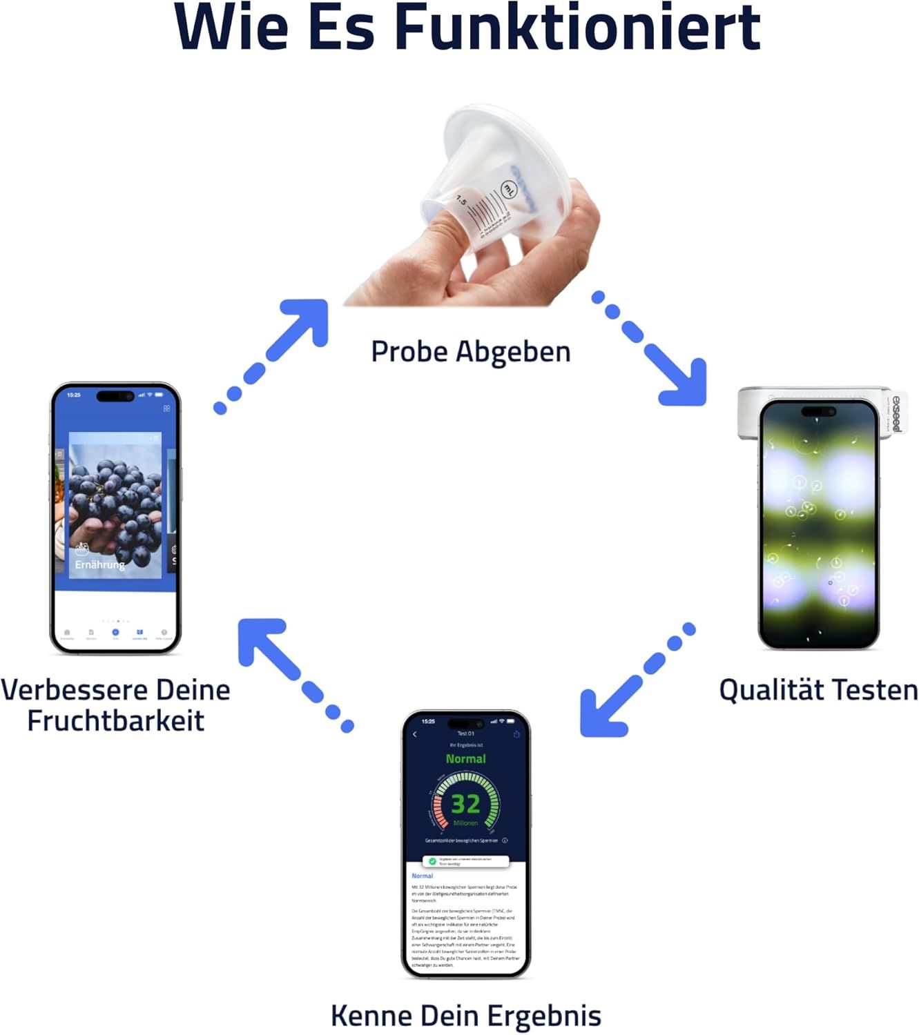 Illustration der Testschritte. Probenentnahme, Test, Ergebnis. Smartphone-Anzeigen mit Text.