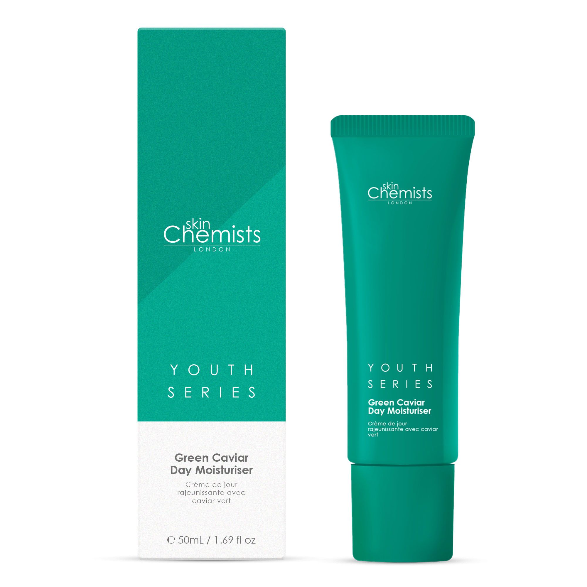 Grüne Tube und Schachtel mit Produktbeschriftung. Aufschrift: skinChemists, Youth Series, Green Caviar Day Moisturiser. Weiße Schrift auf grünem Grund.