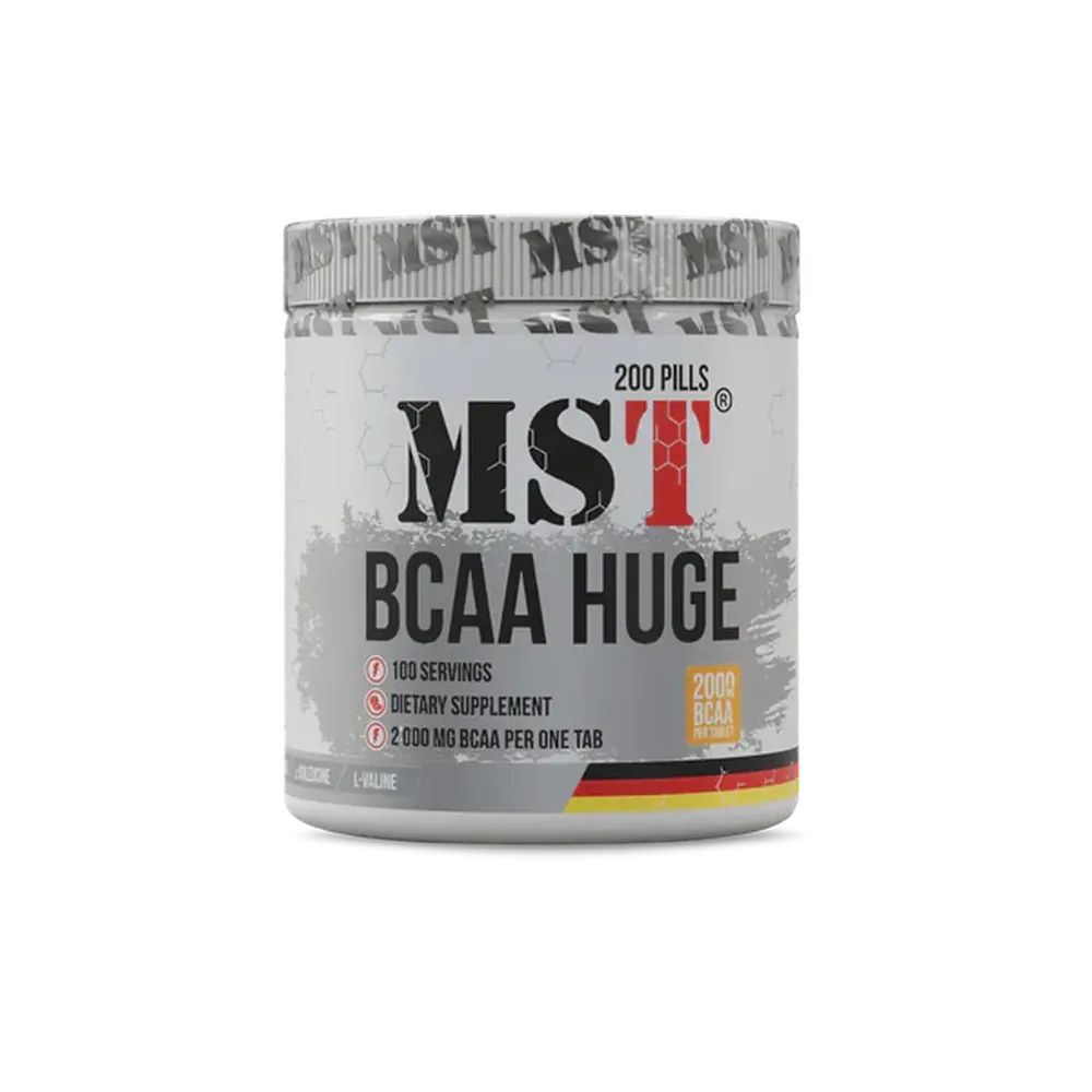 Weißes Supplement-Behälter mit roter und schwarzer Aufschrift MST BCAA Huge. 200 Pillen. Mit deutscher Flagge.