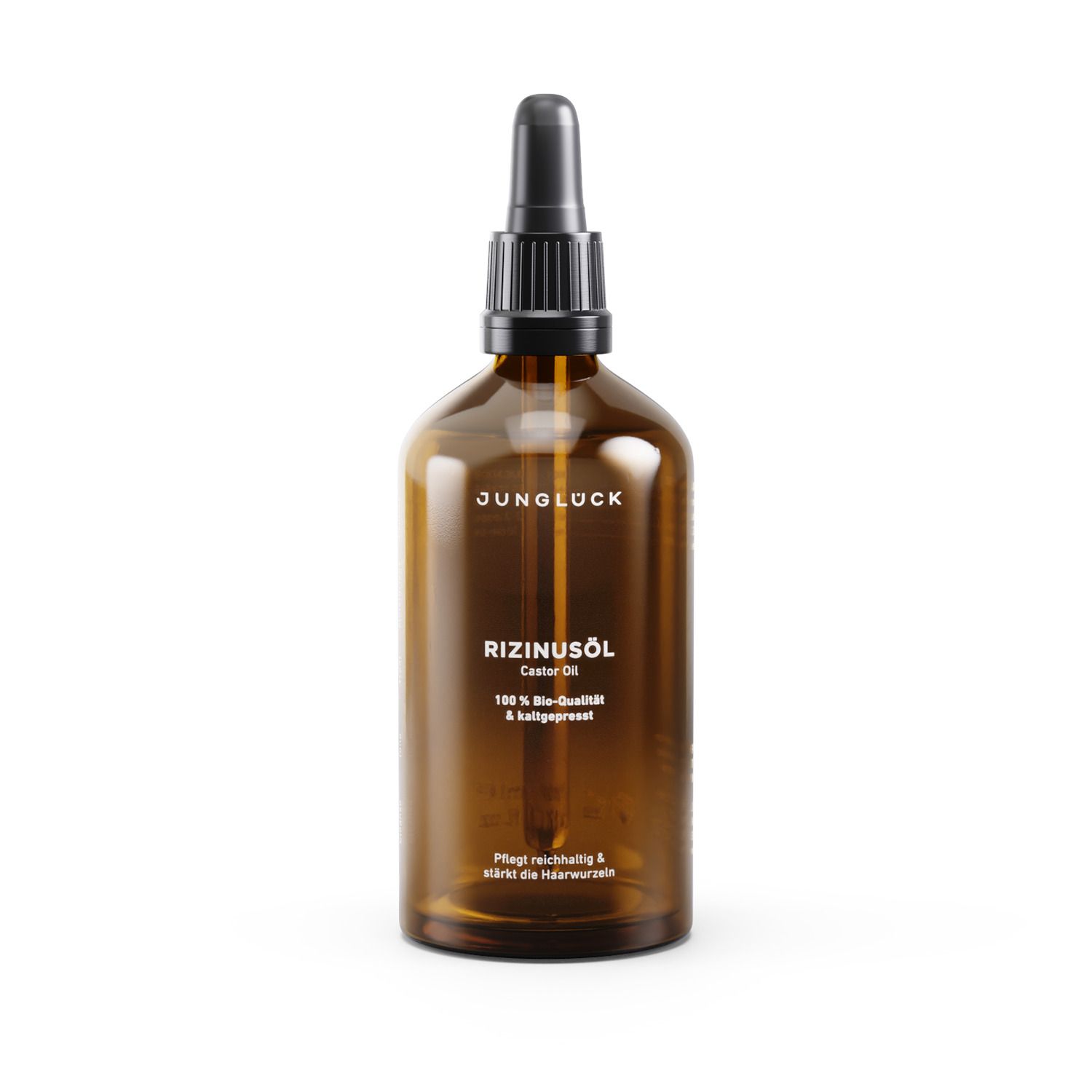 Braune Glasflasche mit schwarzem Tropfer. Beschriftung: JUNGLÜCK, Rizinusöl, 100% Bio-Qualität. Flasche steht auf weißem Hintergrund.