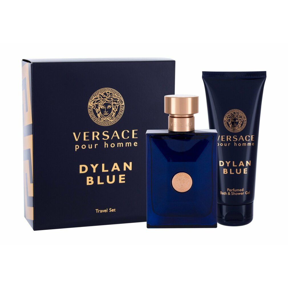 Geschenkset mit Flakon, Duschgel und Box. Flakon und Duschgel blau, Box schwarz. Goldfarbene Akzente.