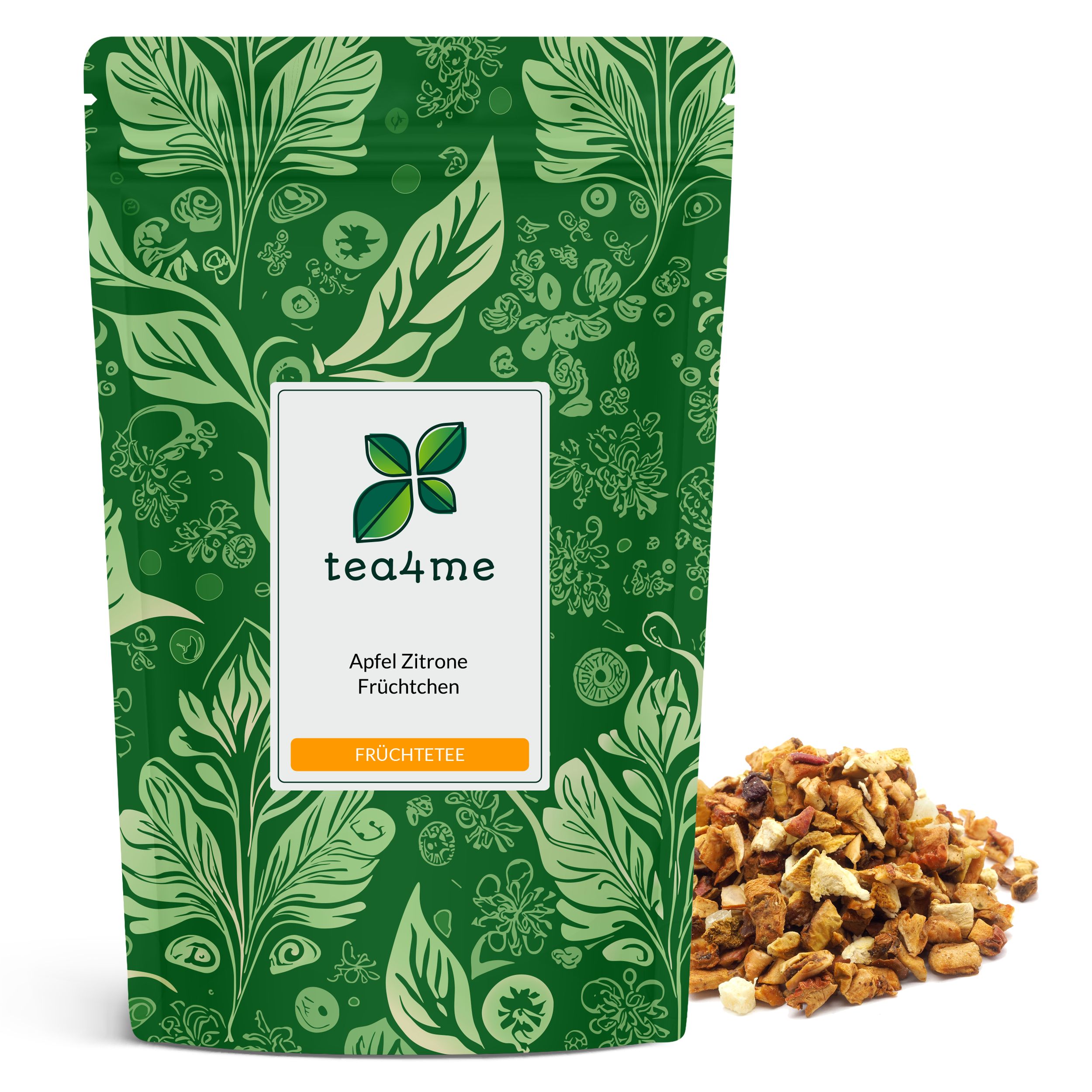 Grüner Beutel mit floralem Muster. Aufschrift: tea4me Apfel Zitrone Früchtchen Früchtetee. Daneben: Haufen getrockneter Früchte.