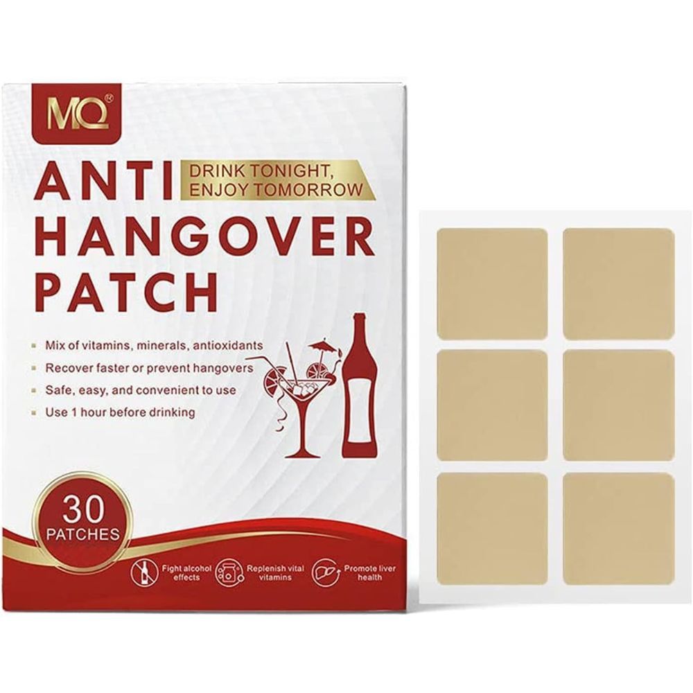 Weiße Schachtel mit MQ Anti Hangover Patch. 30 Pflaster. Sechs quadratische Pflaster liegen daneben. Text und Illustrationen.