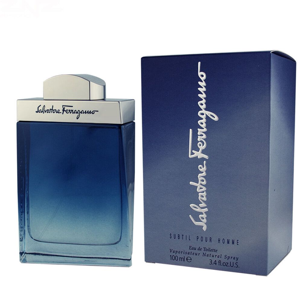 Salvatore Ferragamo Subtil Pour Homme Eau de Toilette Spray. Flakon und Verpackung. Farbverlauf blau.