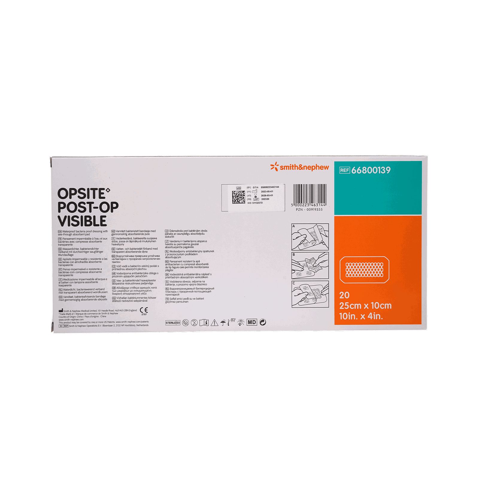 Rückseite der Verpackung mit Verband. Text und Piktogramme. Aufschrift OPSITE POST-OP VISIBLE, 20 Stück, 25cm x 10cm. Smith & Nephew Logo.