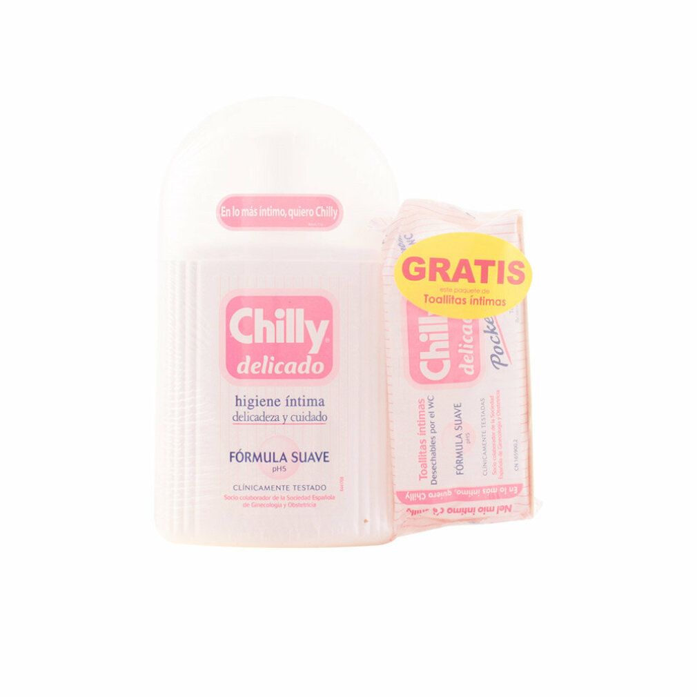 Weißes, zylindrisches Produkt mit rosa Etikett und Gratis-Packung. Text: Chilly delicado, Formel suave, pH5. Aufschrift: Hygiene intima, delicadeza y cuidado.