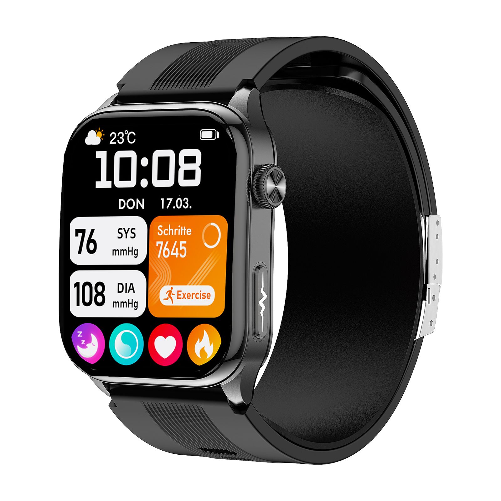 Schwarze Smartwatch mit Displayanzeige von Temperatur, Uhrzeit, Datum und Vitalwerten.