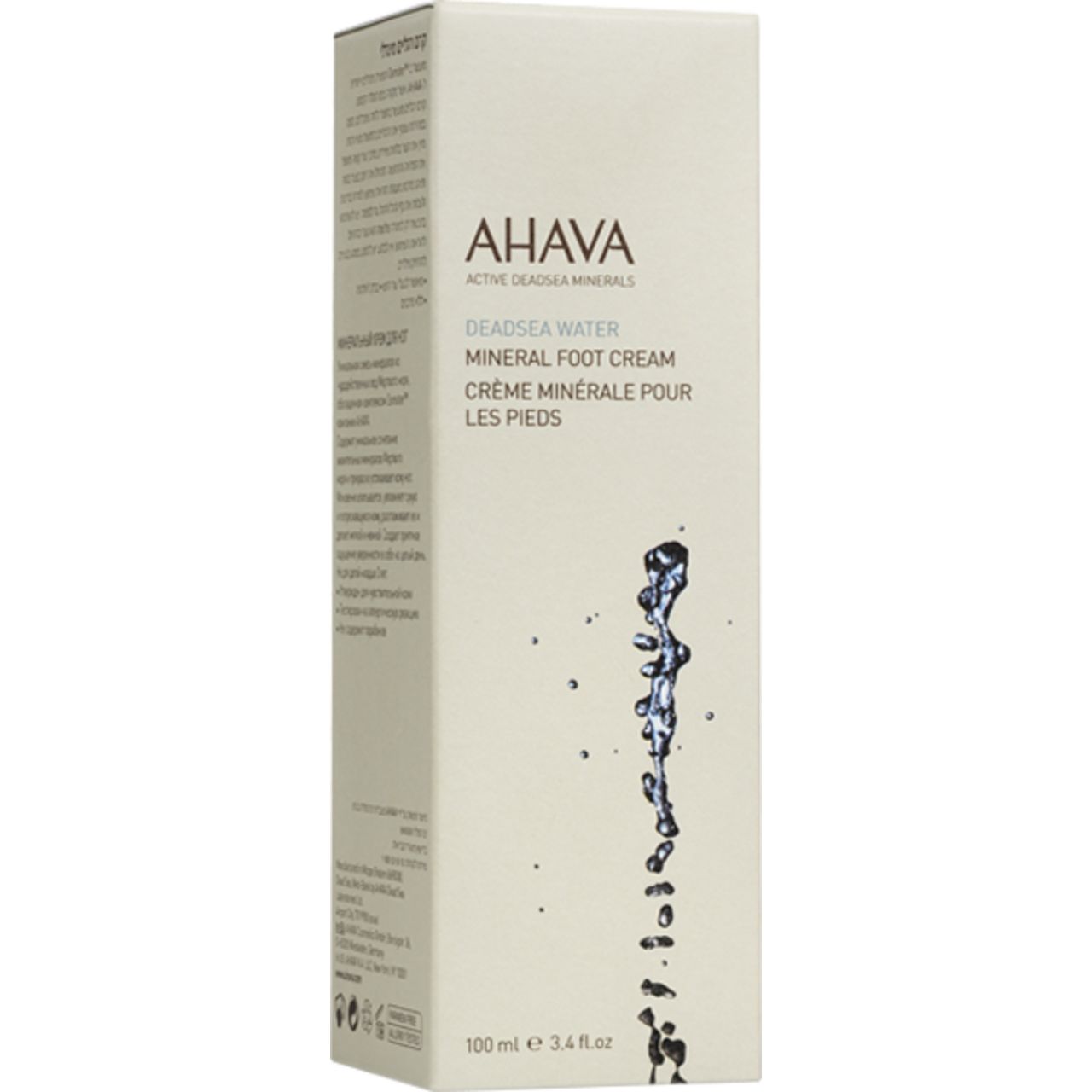 Produktverpackung mit AHAVA-Logo und Produktbezeichnung. Weiße Verpackung mit Text und Abbildung von Wassertropfen.