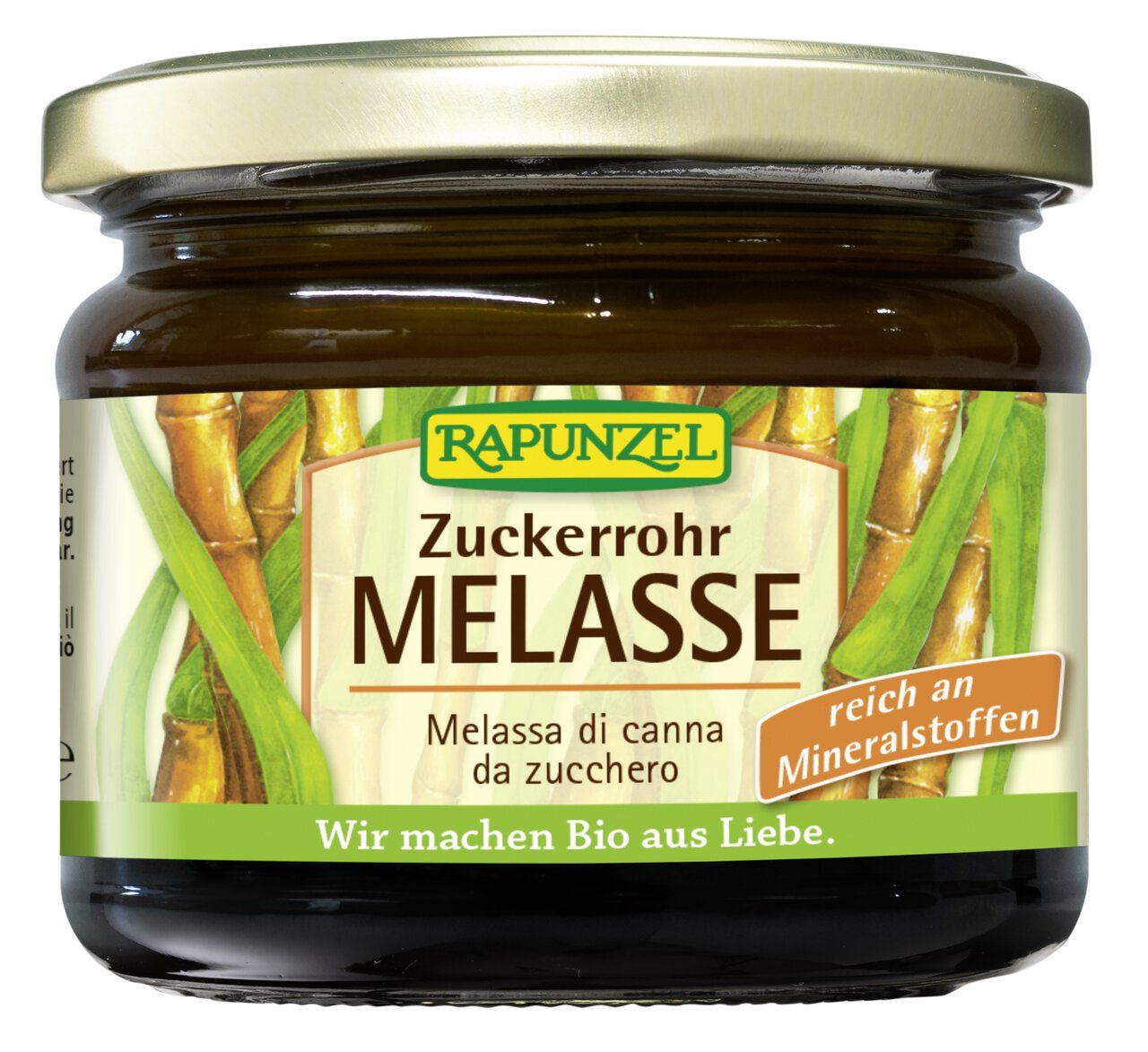 Rapunzel Zuckerrohr Melasse im Glas, Nahaufnahme des Etiketts.