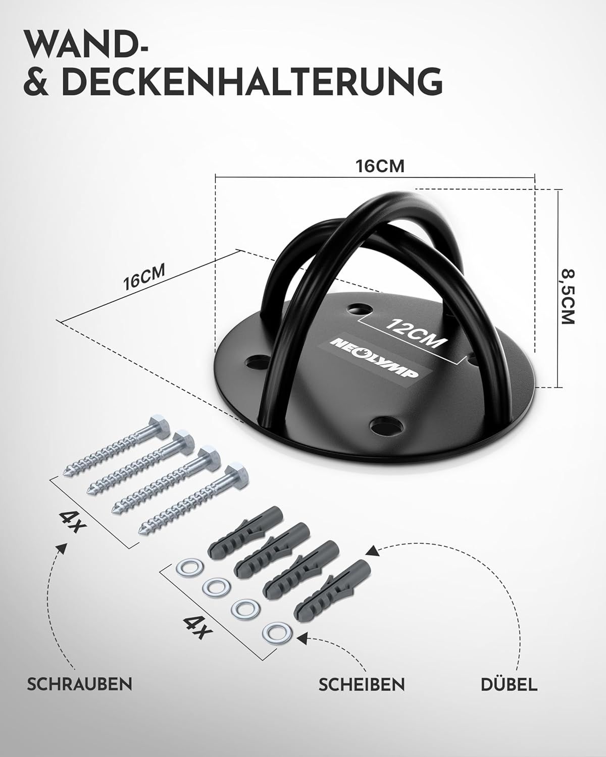 Runder Wandanker aus Edelstahl mit zwei gebogenen Halterungen. Inklusive Schrauben, Dübeln und Unterlegscheiben. Abmessungen: 16x16x8,5 cm.