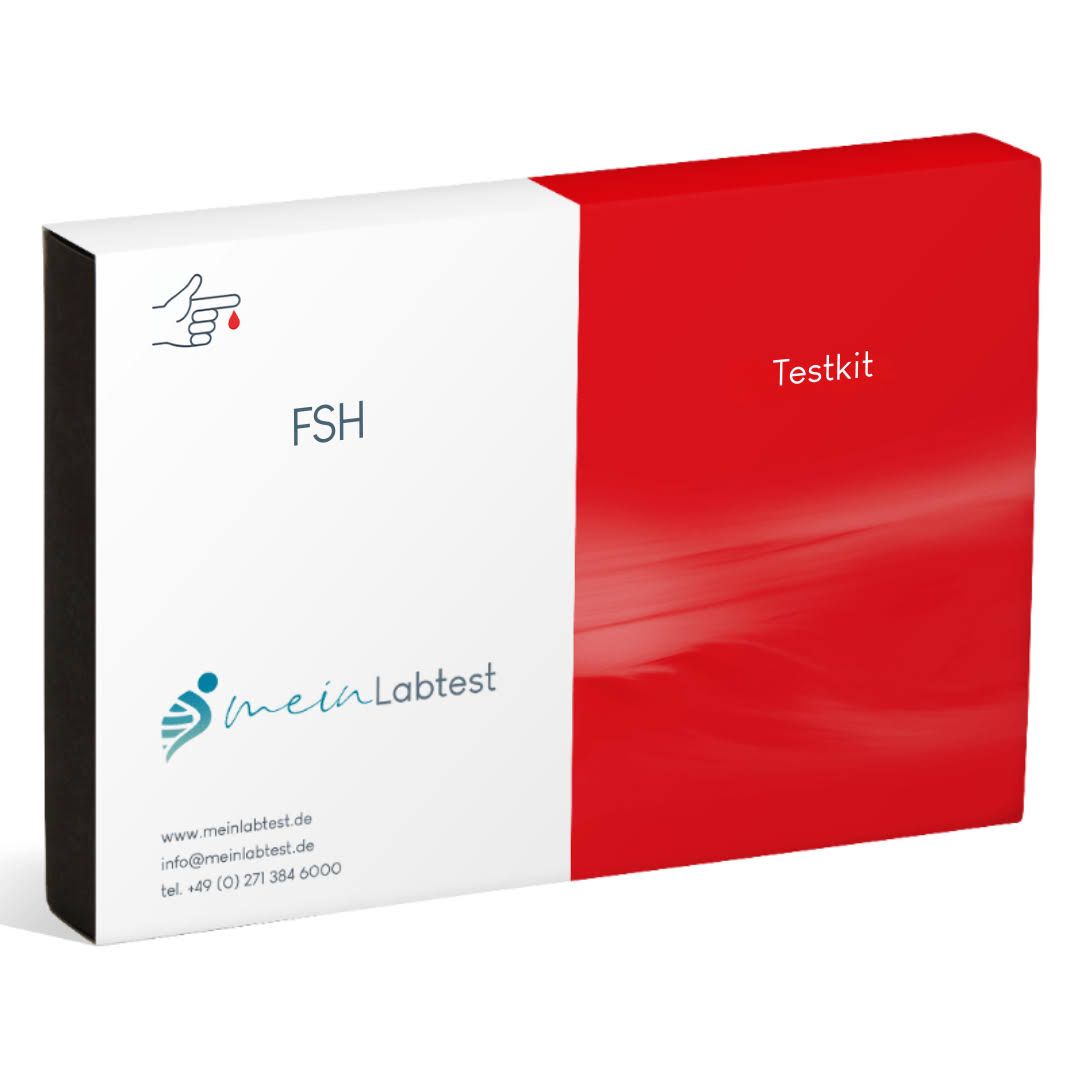 FSH-Test-Kit. Weiß-roter Karton mit Logo und Text. Aufschrift FSH und Testkit. Hand mit Tropfen-Symbol.
