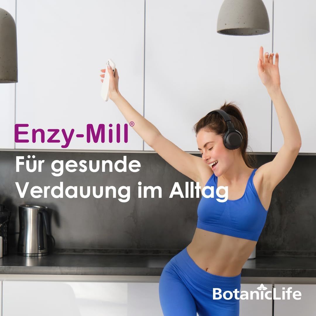 Frau tanzt mit Kopfhörern. Text: Enzy-Mill. Für gesunde Verdauung im Alltag. BotanicLife Logo.