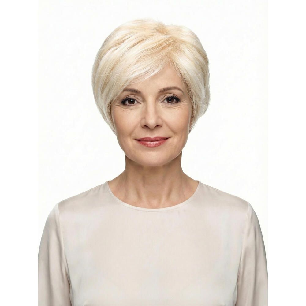 Blonde Perücke mit kurzem Schnitt. Frau mit hellem Oberteil. Frontansicht.
