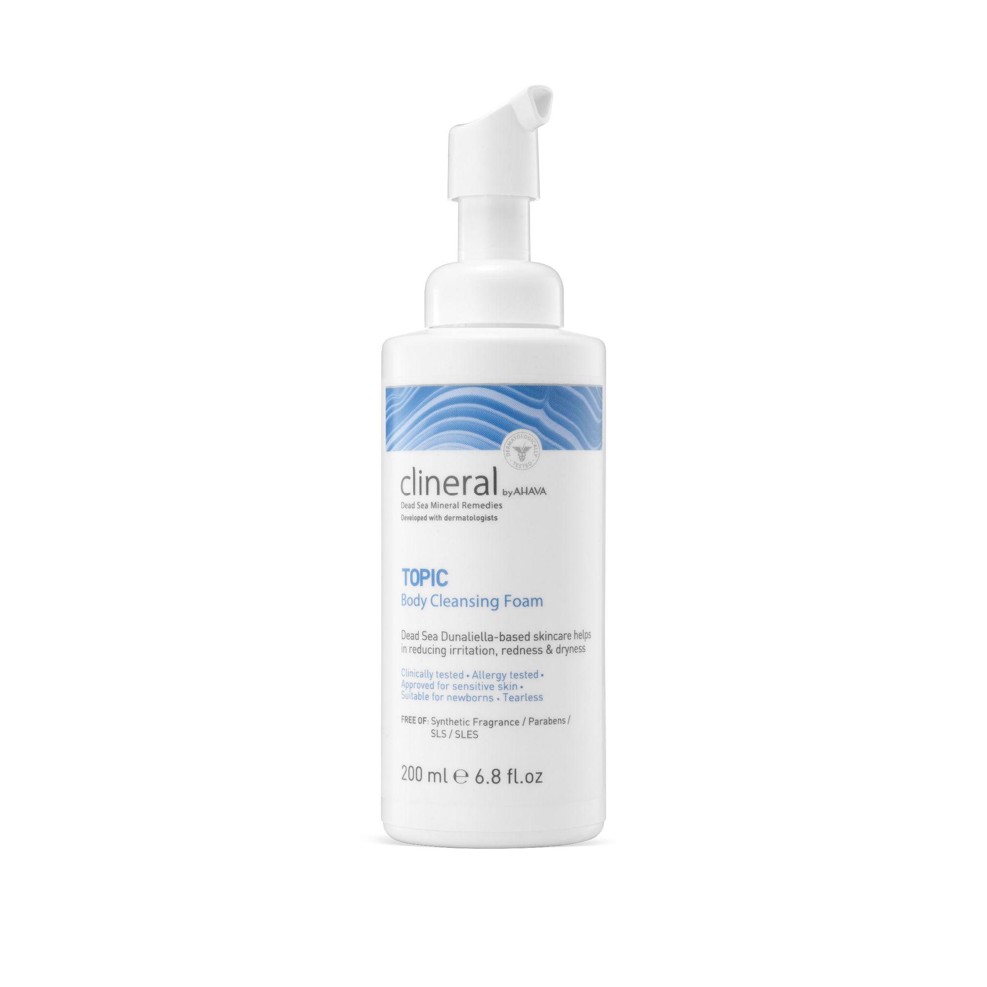Weiße Flasche mit Pumpe. Aufschrift Clineral TOPIC Body Cleansing Foam. Blaue Wellenmuster. 200 ml.