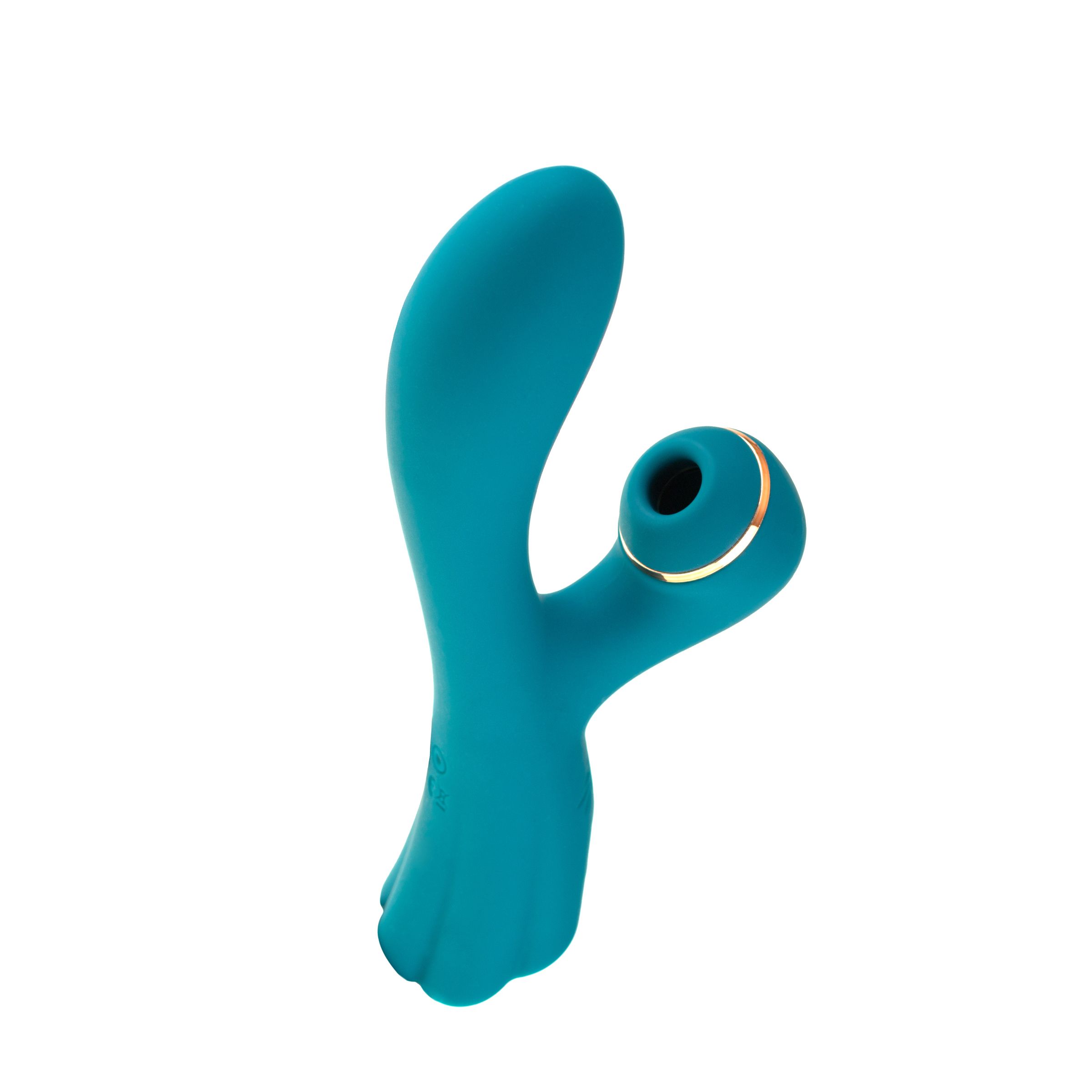 Türkisfarbenes Sexspielzeug mit geschwungener Form. Mit goldfarbenem Akzent am Kopf.