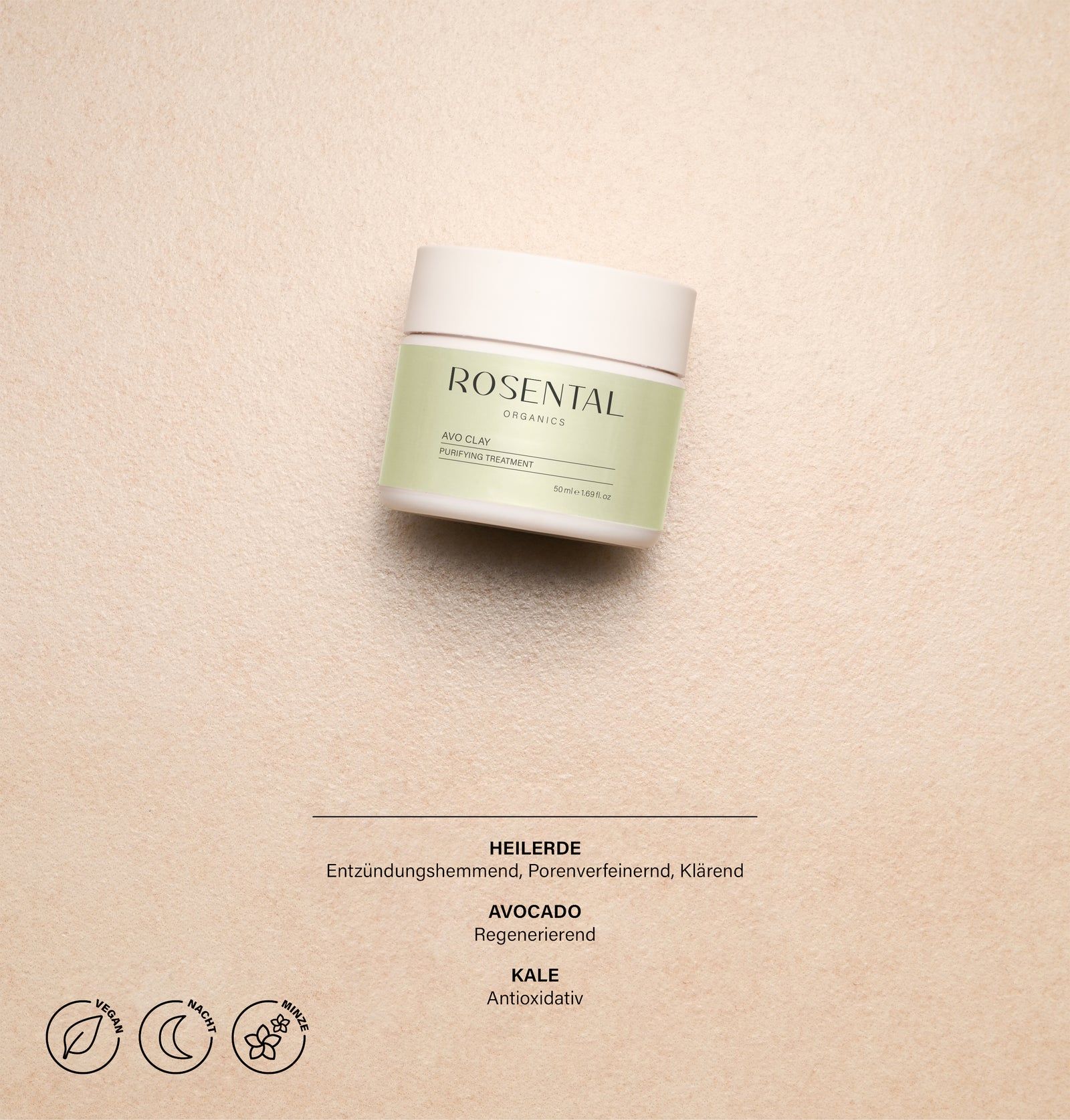 Rosental Avo Clay Mask-Glas auf beigem Untergrund. Text: Heilerde, Avocado, Kale. Vegan- und Mond-Symbol.