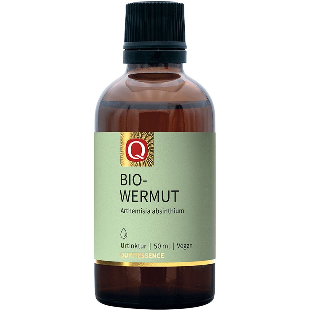Quintessence Bio-Wermut Tinktur: Braunglasflasche mit grünem Etikett, 50 ml, vegan.