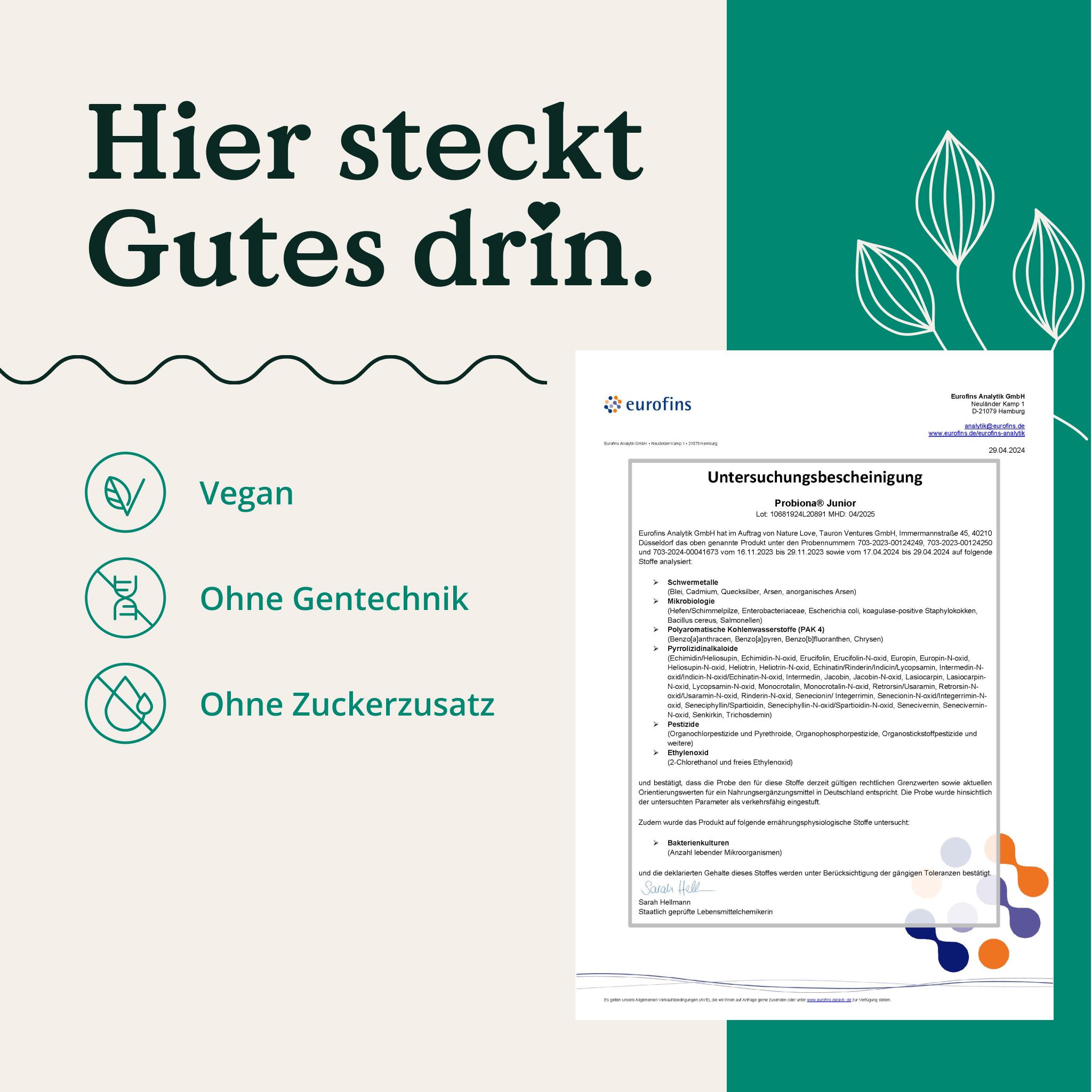 Zertifizierungsdokument von Eurofins. Text: Vegan, Ohne Gentechnik, Ohne Zuckerzusatz. Hintergrund mit Blättern.