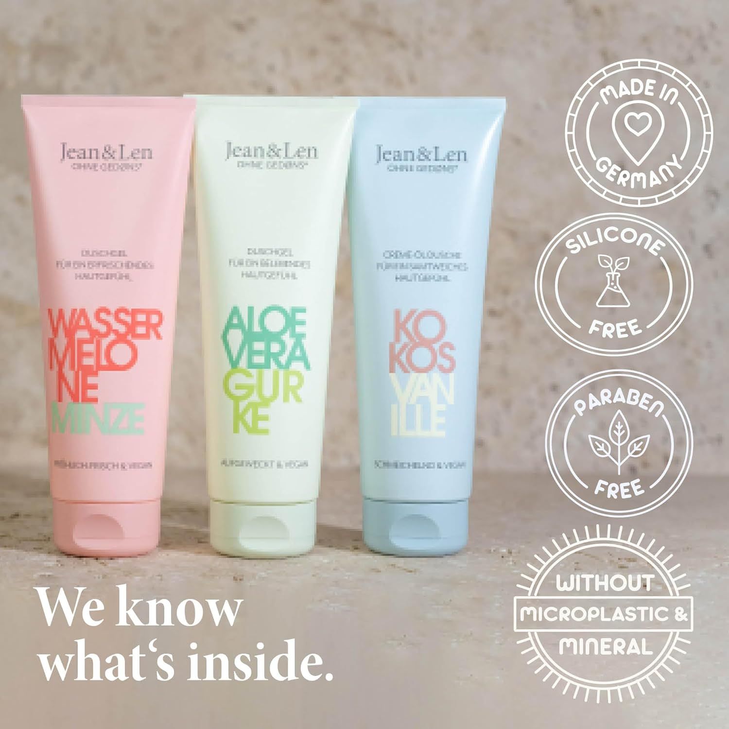 Drei Tuben, rosa, grün, blau. Siegel: Made in Germany, Silikonfrei, Parabenfrei, Ohne Mikroplastik.