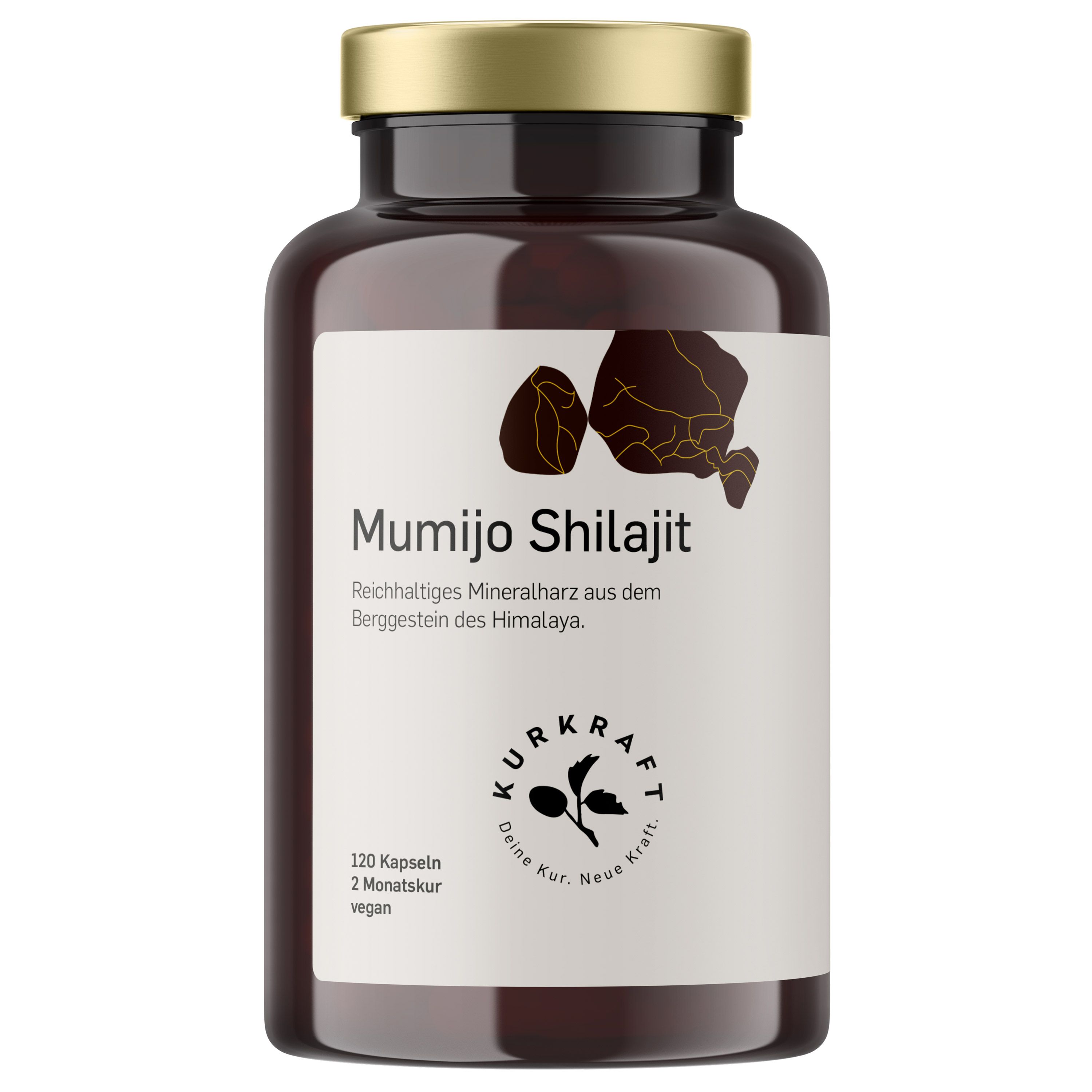 Braune Glasflasche mit goldfarbenem Deckel. Etikett mit "Mumijo Shilajit" und "KURKRAFT" Logo. 120 Kapseln, vegan.
