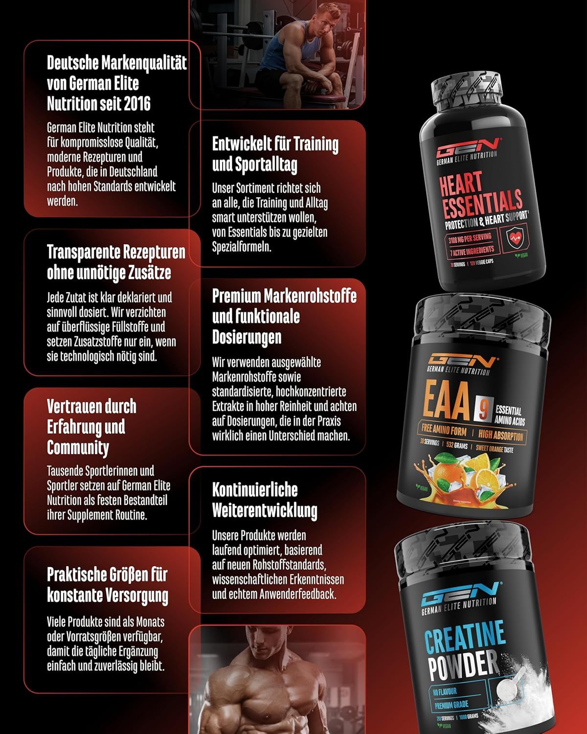 Werbung für GEN Produkte. Testo Max, Heart Essentials, EAA 9, Creatine Powder. Informationen über Qualität und Inhaltsstoffe.