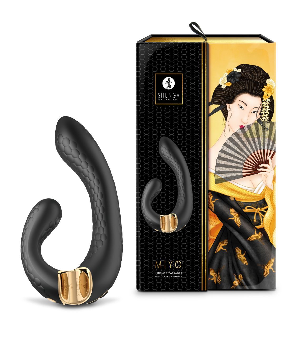 Schwarzes Intimmassagegerät mit goldfarbenen Akzenten. Neben der Verpackung mit Geisha-Illustration.