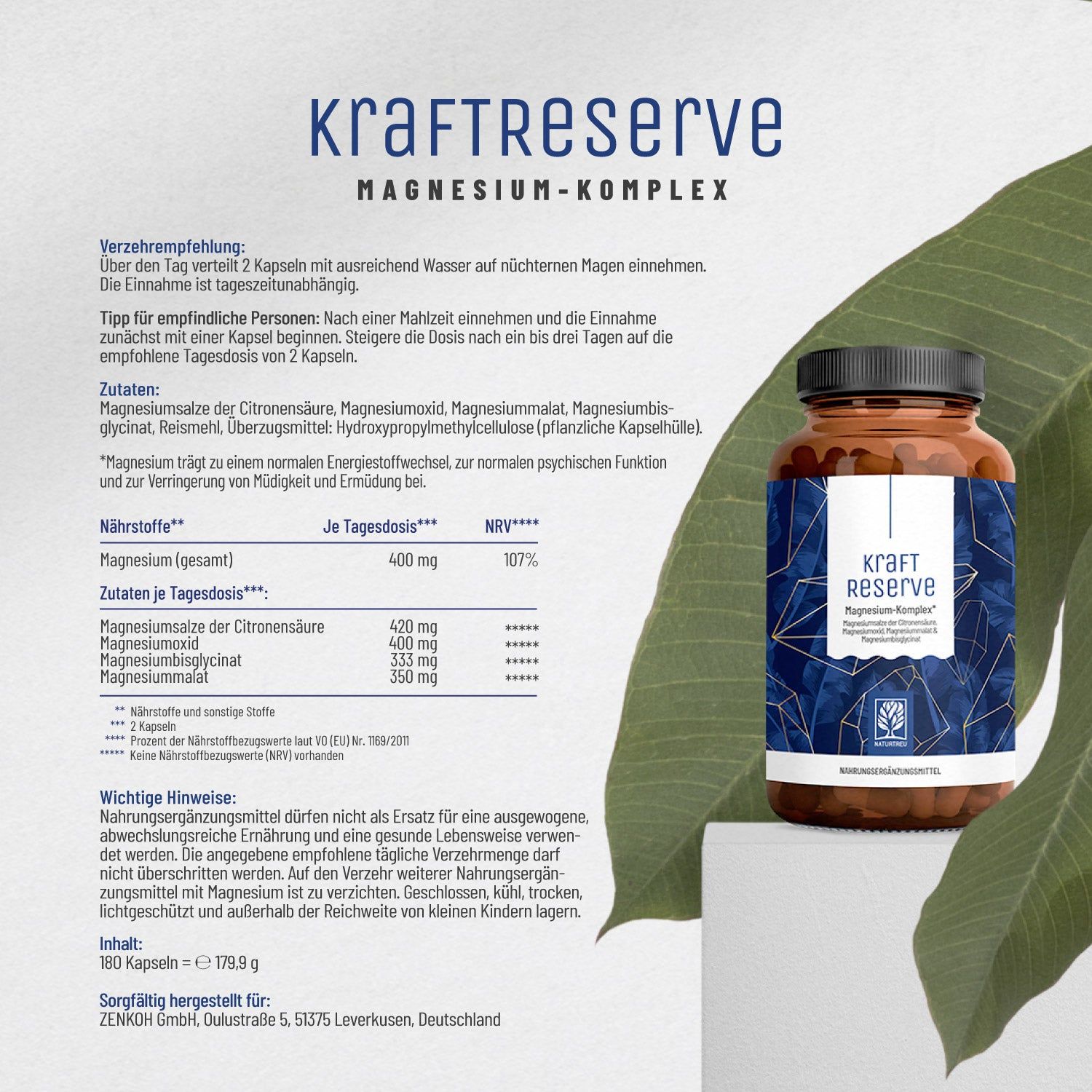 Kraftreserve-Flasche. Braunes Glas mit schwarzem Deckel. Blaues Etikett mit Produktinformationen. Blätter im Hintergrund.