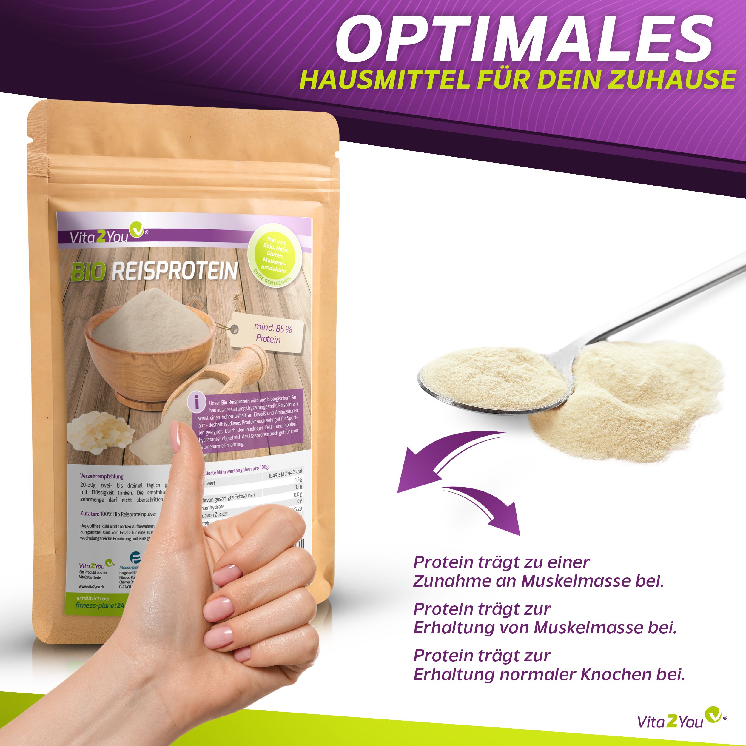 Beutel mit Reisprotein, Holzlöffel mit Pulver, Daumen hoch, Text: Protein für Muskelaufbau, Knochen.
