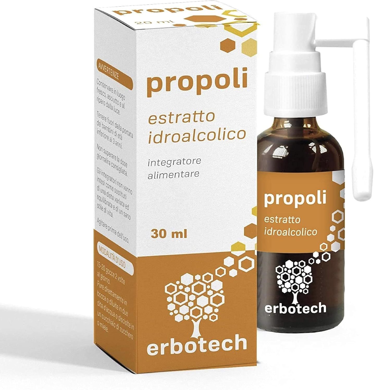 Braune Glasflasche und Karton mit Aufschrift 'propoli estratto idroalcolico'. Marke: Erbotech.