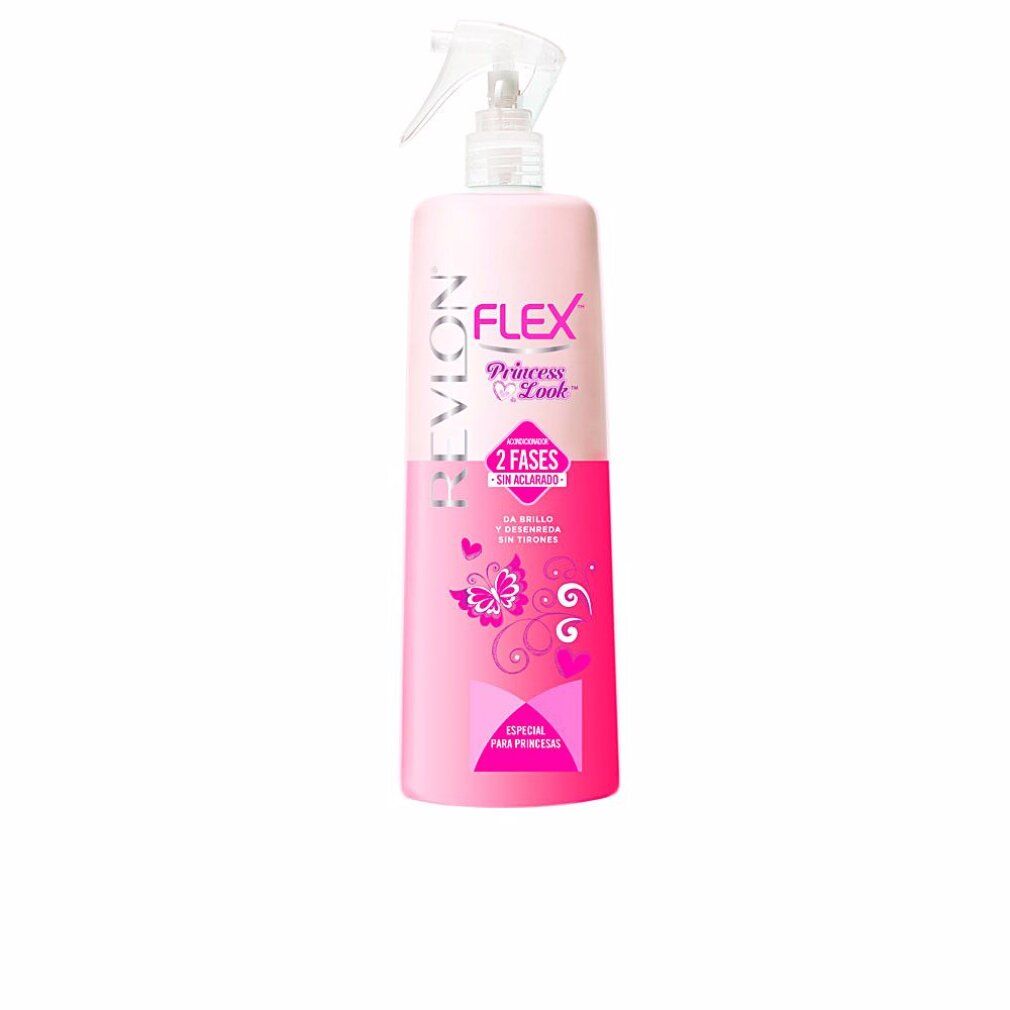 Rosa Flasche mit Sprühkopf. Aufschrift: Revlon Flex Princess Look, 2 Phasen, ohne Ausspülen. Dekoration mit Schmetterlingen.