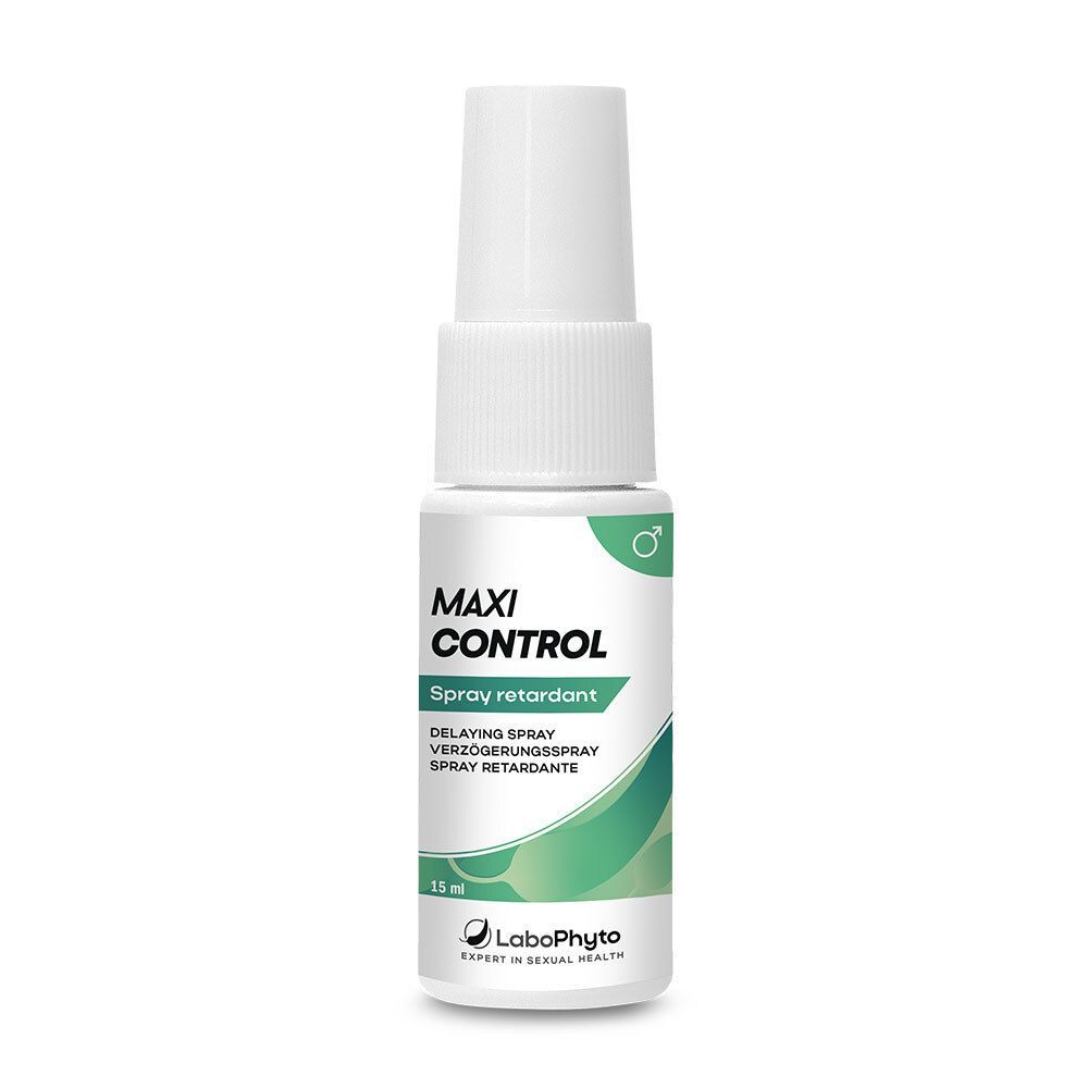 Weißes Spray mit grünem Etikett. Aufschrift: MAXI CONTROL, Spray retardant. 15 ml. Logo Labophyto.