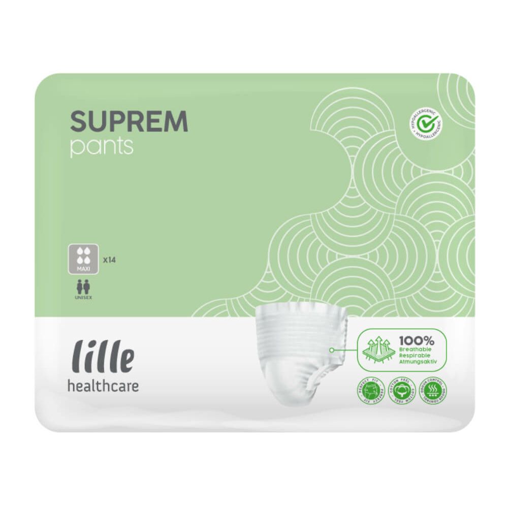 Packung Lille Suprem Pants Maxi S. Grün-weiße Verpackung mit Produktabbildung und Logo. 14 Stück.
