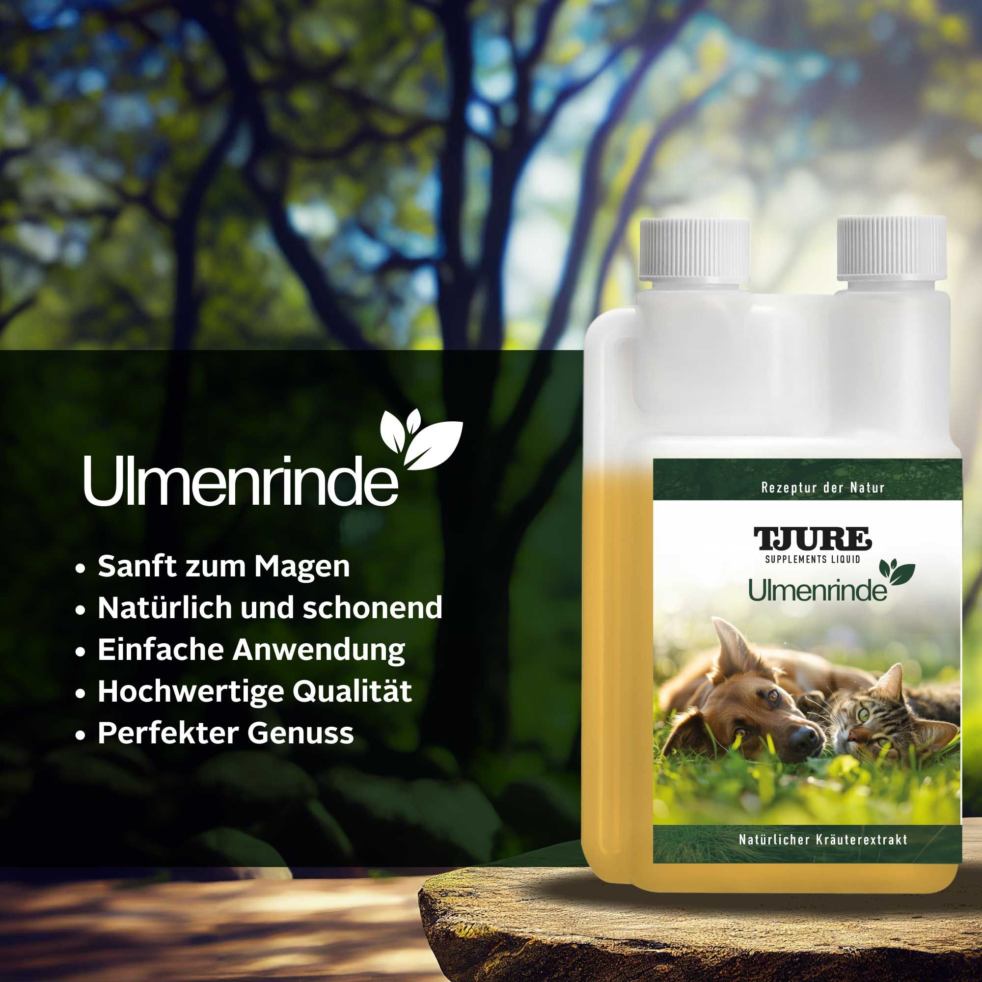 Doppelflasche mit gelber Flüssigkeit. Etikett mit Produktname, Marke TJURE und Abbildung von Hund und Katze. Text: Ulmenrinde, etc.