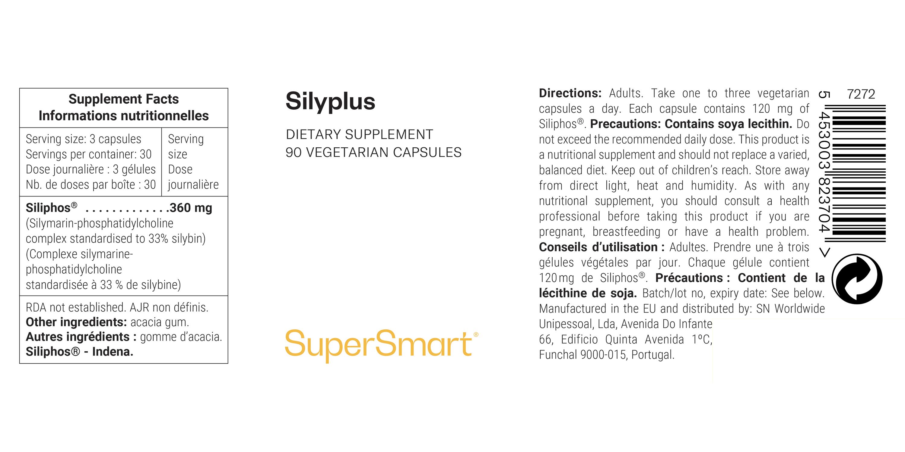 Etikett mit Nährwertinformationen und Gebrauchsanweisung. Aufschrift: Silyplus, 90 pflanzliche Cellulosekapseln. Logo: SuperSmart.